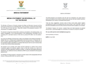 South Africa VAT Hike Reversal Announced by National Treasury - Budget 2025 News