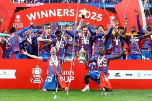 Eberechi Eze celebrates his winning goal for Crystal Palace in the 2025 FA Cup Final victory over Manchester City.