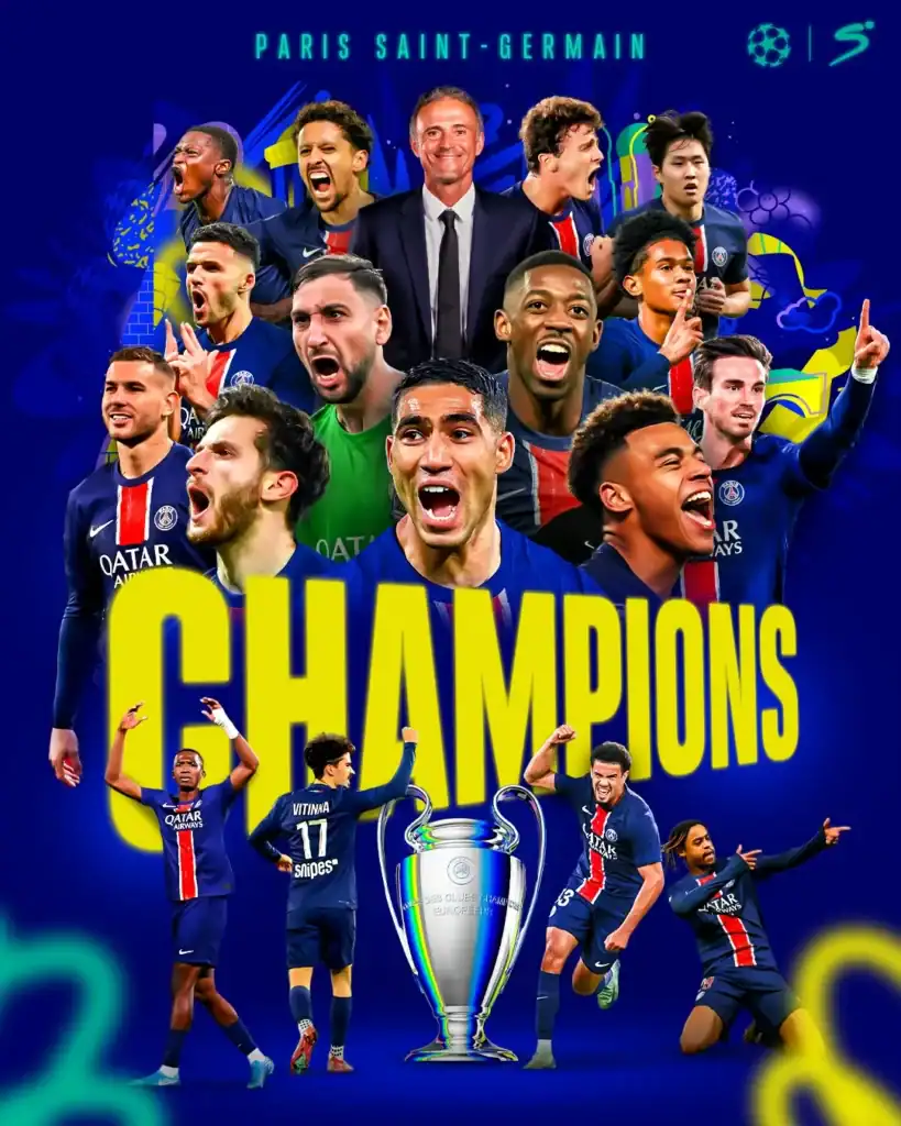 PSG players celebrating Champions League victory with fans in Paris, jubilant scenes across the city.