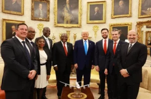 President Ramaphosa and President Trump shake hands during a bilateral meeting on diplomatic relations.