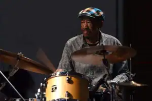 Louis Moholo-Moholo, legendary South African jazz drummer and Blue Notes member, performing live.