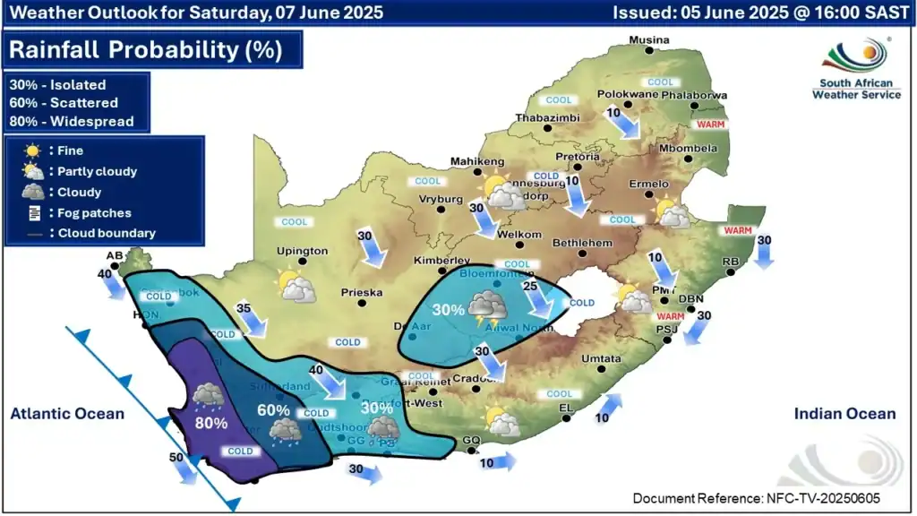 South African Weather Service issues extreme weather warning with snow and strong winds expected.