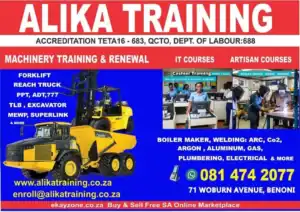 Alika Training offers accredited artisan and forklift truck training with health and safety courses in SA