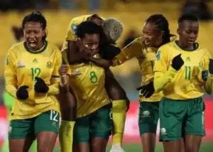 Banyana Banyana players celebrate during Women’s Afcon 2025 on path to FIFA World Cup qualification.