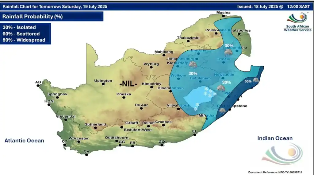 Weekend weather forecast map showing cold fronts and isolated showers in parts of South Africa.