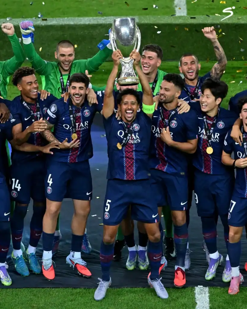 PSG celebrate after beating Spurs to win UEFA Super Cup 2025, securing their fifth trophy of the season.