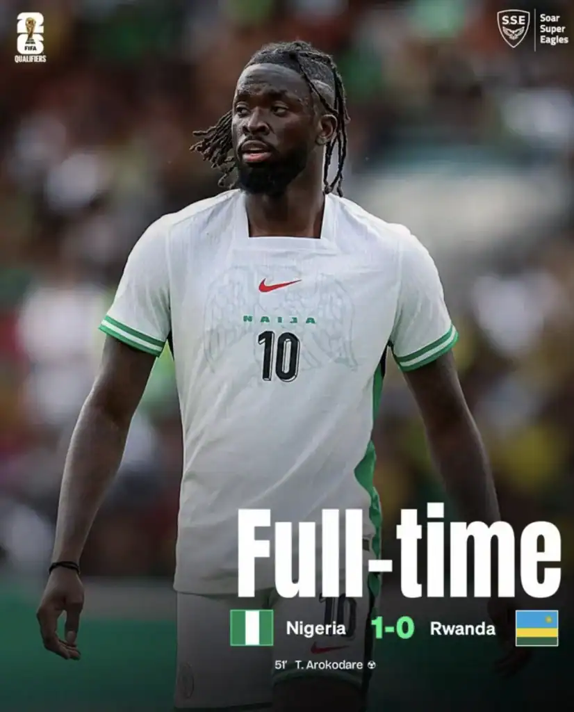 Nigeria beat Rwanda 1-0 in Uyo, Arokodare’s strike seals World Cup 2026 qualifier victory.