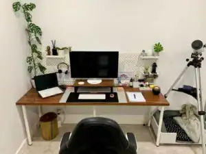 Modern aesthetic home office with plants, natural light, and organized workspace for productivity