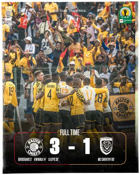 Kaizer Chiefs celebrate qualification for CAF Confederation Cup group stages after 3-1 win.