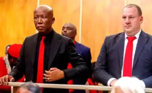 Julius Malema outside East London Magistrates’ Court after firearm offence conviction in 2025.