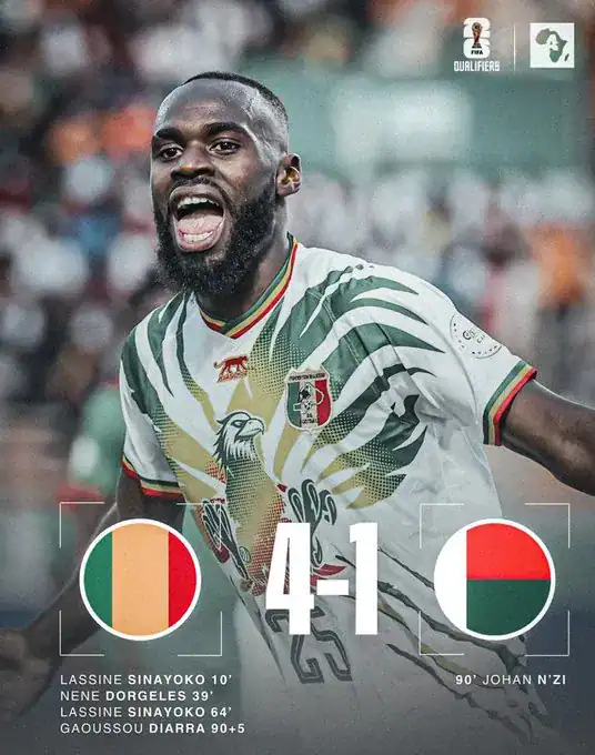 Mali defeats Madagascar 4-1 in World Cup 2026 qualifier, celebrating key CAF victory in Bamako.