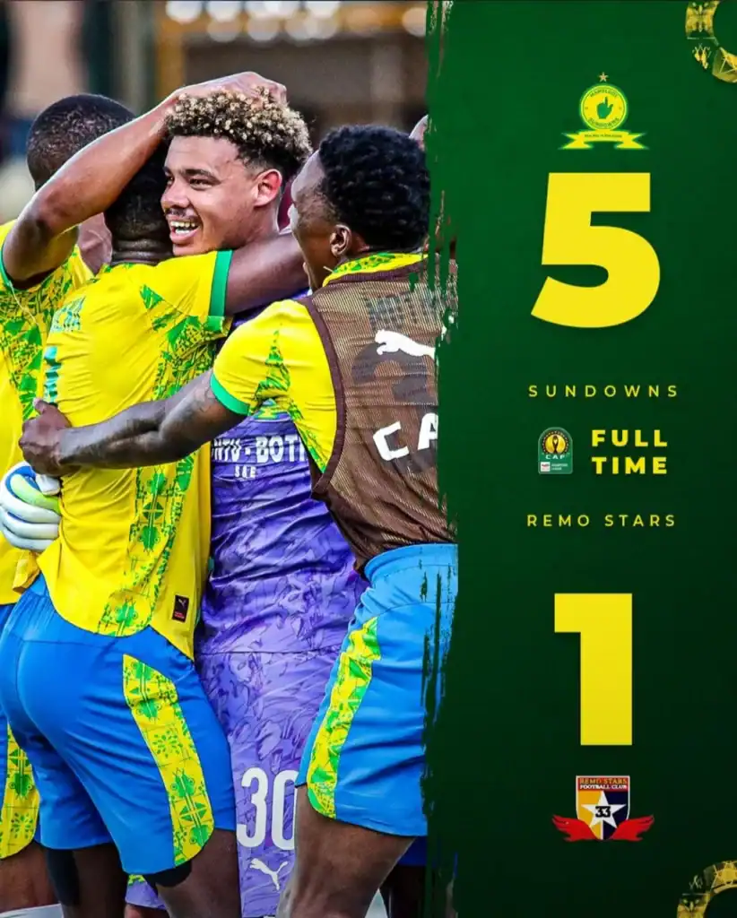 Mamelodi Sundowns celebrate a 5-1 victory over Remo Stars in the CAF Champions League first leg.
