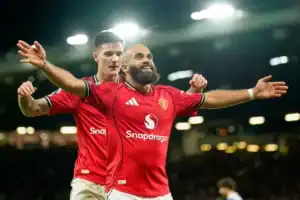 Manchester United players celebrate dominant 4-0 Premier League win over Brighton at Old Trafford.