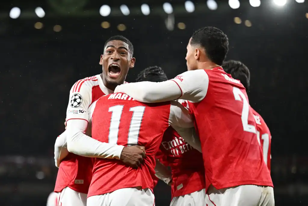Gabriel Martinelli celebrates scoring as Arsenal beat Bayern Munich 3-1 in the Champions League.