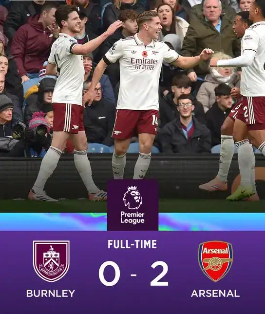 Arsenal players celebrate Gyokeres and Rice goals in 2-0 Premier League win over Burnley