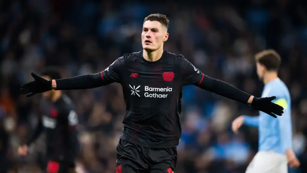 Patrik Schick celebrates scoring as Bayer Leverkusen beat Manchester City 2-0 in Champions League.