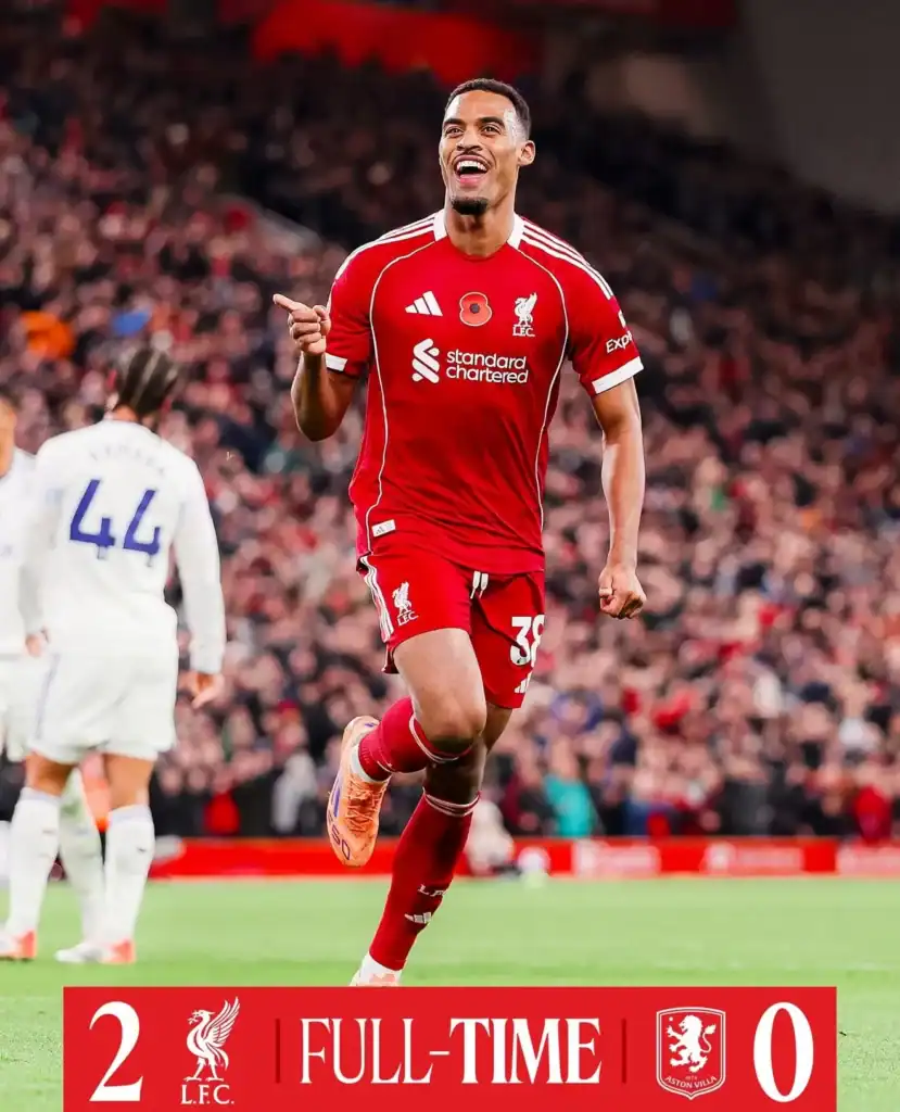 Mohamed Salah and Ryan Gravenberch celebrate Liverpool’s 2-0 win over Aston Villa at Anfield