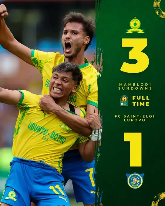 Mamelodi Sundowns players celebrate their 3-1 win against FC Saint-Eloi Lupopo in the CAFCL.