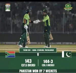 Pakistan cricket team celebrates series win as spin attack leads 2–1 victory over South Africa in Faisalabad.