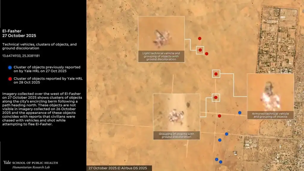 Satellite images showing RSF activity and suspected mass killings in El-Fasher during Sudan civil war.