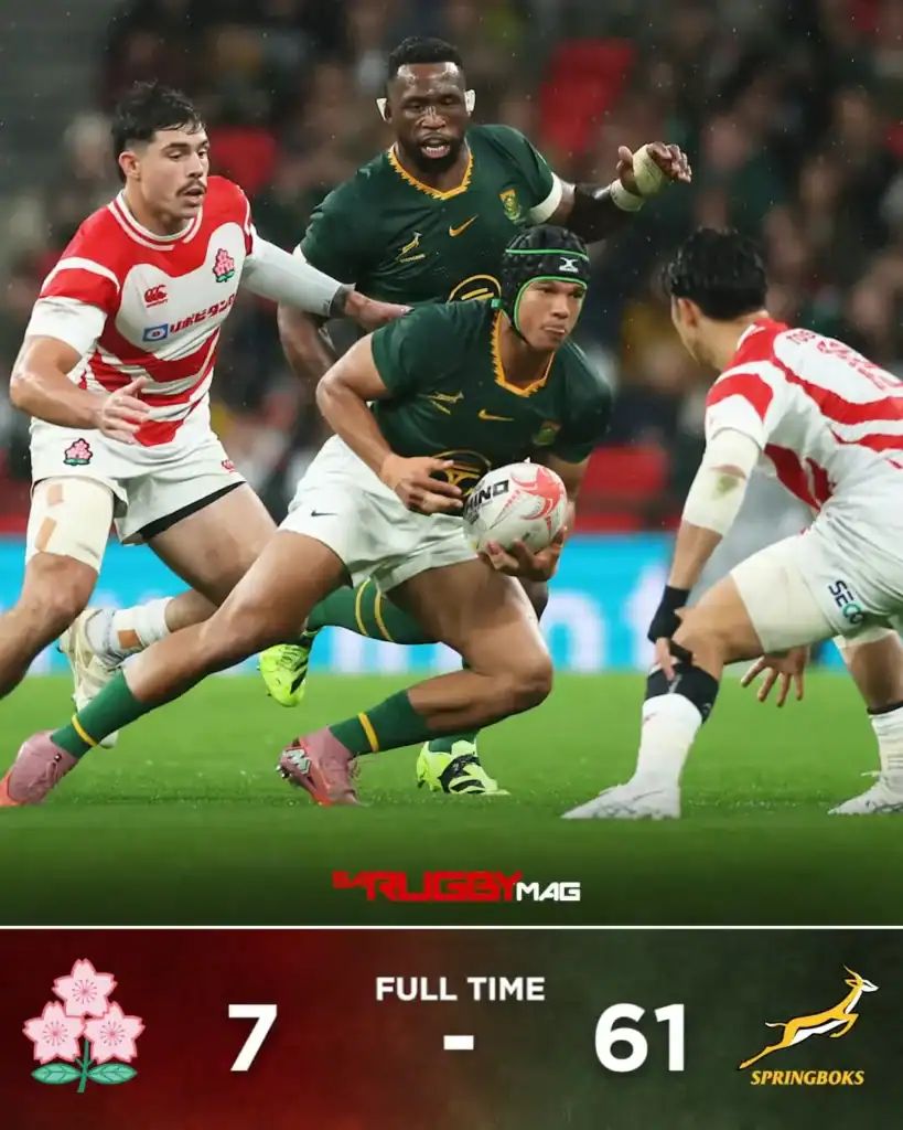 Springboks players celebrate massive 61-7 win over Japan with teamwork and determination