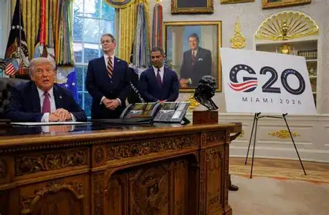 Trump bans South Africa from 2026 G20 Summit Donald Trump announces ban on South Africa for G20 Summit 2026 in Miami during press briefing.
