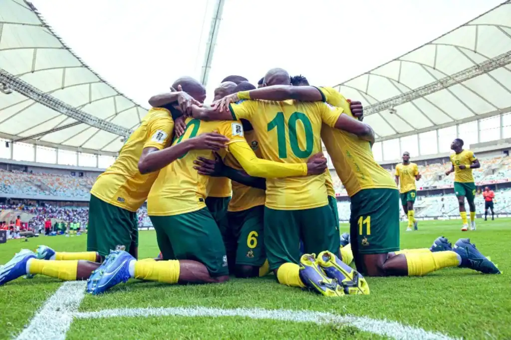 Bafana Bafana players celebrating qualification for the 2026 FIFA World Cup opening match.