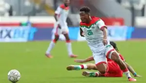 Burkina Faso defeated Equatorial Guinea in AFCON 2025 Edmond Tapsoba celebrates winning goal.