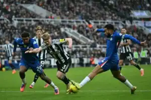 Reece James celebrates scoring a free-kick for Chelsea in the 2-2 draw against Newcastle.