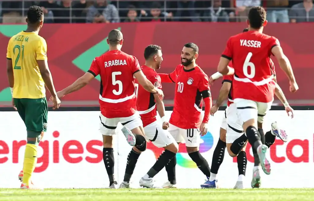 Egypt defeat South Africa by 1-0 in AFCON 2025: Mohamed Salah celebrates penalty goal.