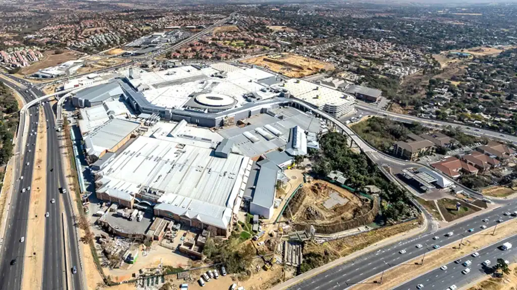 Fourways Mall interior showing the new Walmart entrance and shoppers in South Africa's largest mall.