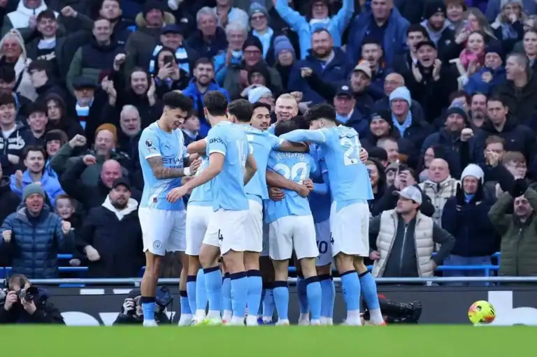 Erling Haaland celebrates scoring for Man City against West Ham at Etihad Stadium.