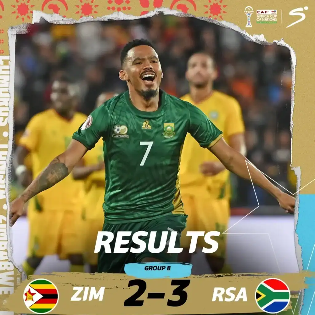 Bafana Bafana players celebrating as South Africa advanced to next Round after defeating Zimbabwe 3-2.