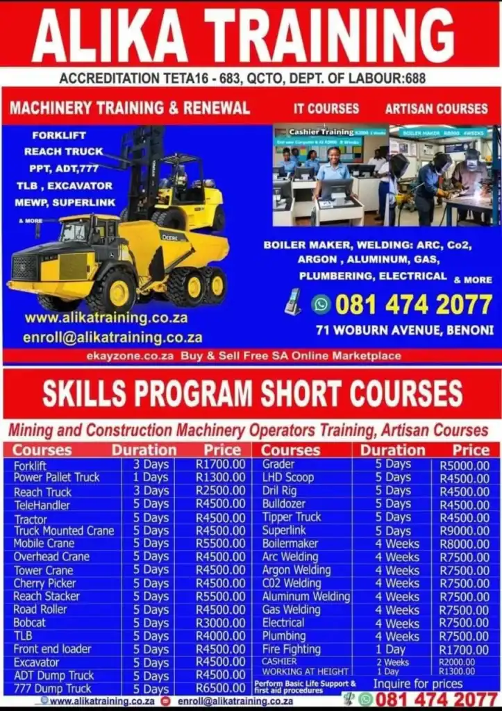 Students receiving hands-on forklift and welding training at Alika Training center in Benoni.
