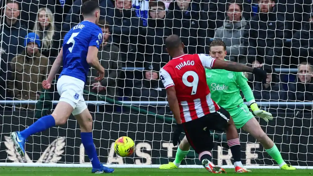 Brentford striker Igor Thiago celebrates his hat-trick against Everton at Hill Dickinson Stadium.