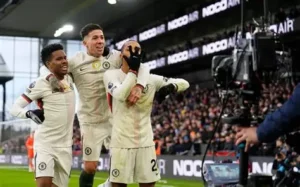 Chelsea celebrate after a 3-1 Premier League win over Crystal Palace at Selhurst Park
