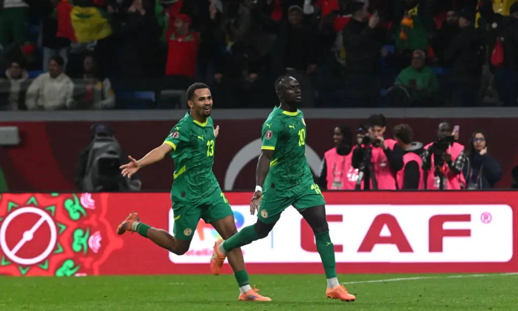 Sadio Mané celebrates scoring the winning goal for Senegal against Egypt in the 2025 AFCON semifinal.