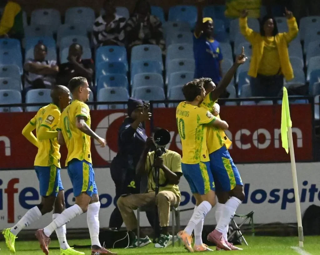 Mamelodi Sundowns celebrate going top of the Betway Premiership after a 2-0 win over Orbit College
