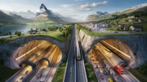 High-speed train inside the Gotthard Base Tunnel carved through solid Alpine rock in Switzerland.