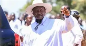 Uganda President Yoweri Museveni celebrates victory after winning a seventh term in the 2026 election
