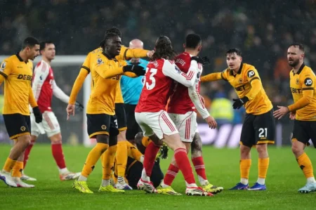 Arsenal players react as Wolves score a dramatic late equaliser in the 2-2 Premier League draw