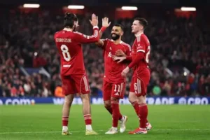 Liverpool players celebrate Hugo Ekitike’s brace in a 4-1 Premier League win over Newcastle at Anfield