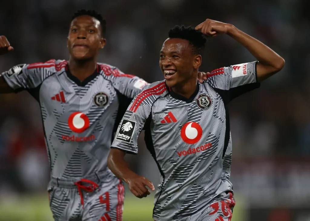 Orlando Pirates forward Relebohile Mofokeng celebrates scoring against AmaZulu in Durban match.