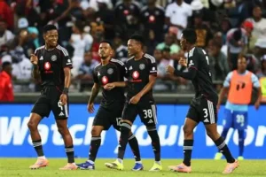 Orlando Pirates players celebrate a goal against Magesi FC at Orlando Stadium, Soweto