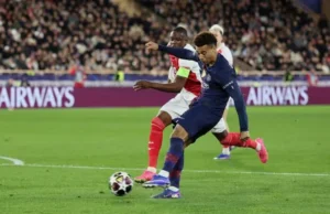 PSG players celebrate Desire Doué goal as they defeat AS Monaco 3-2 in UEFA Champions League