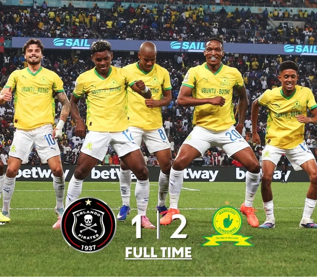 Mamelodi Sundowns celebrate a 2-1 win over Orlando Pirates in a tense Betway Premiership clash