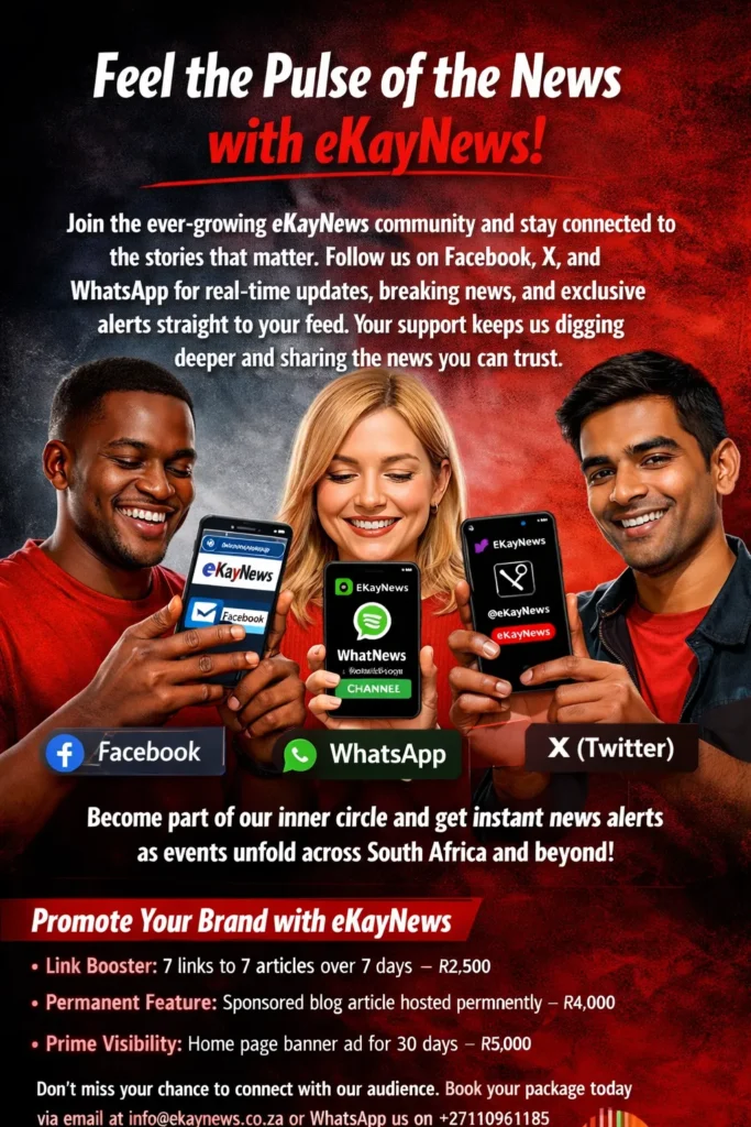 Three people using phones to follow eKayNews on Facebook, WhatsApp, and X for news updates