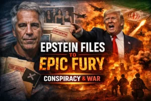 Epstein Files to Epic Fury featured image showing Trump, Epstein, military chaos, and war symbols