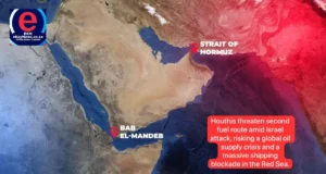 Cargo ship navigating the Red Sea as Houthis threaten a shipping blockade and global oil supply.