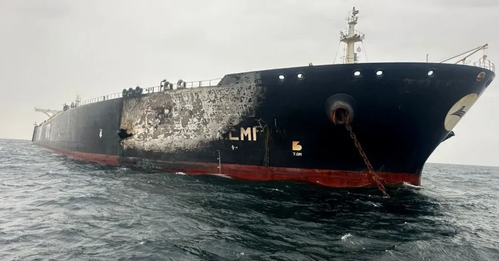 Giant oil tanker ablaze off the coast of Dubai after drone attack by Iran amid Trump warnings.